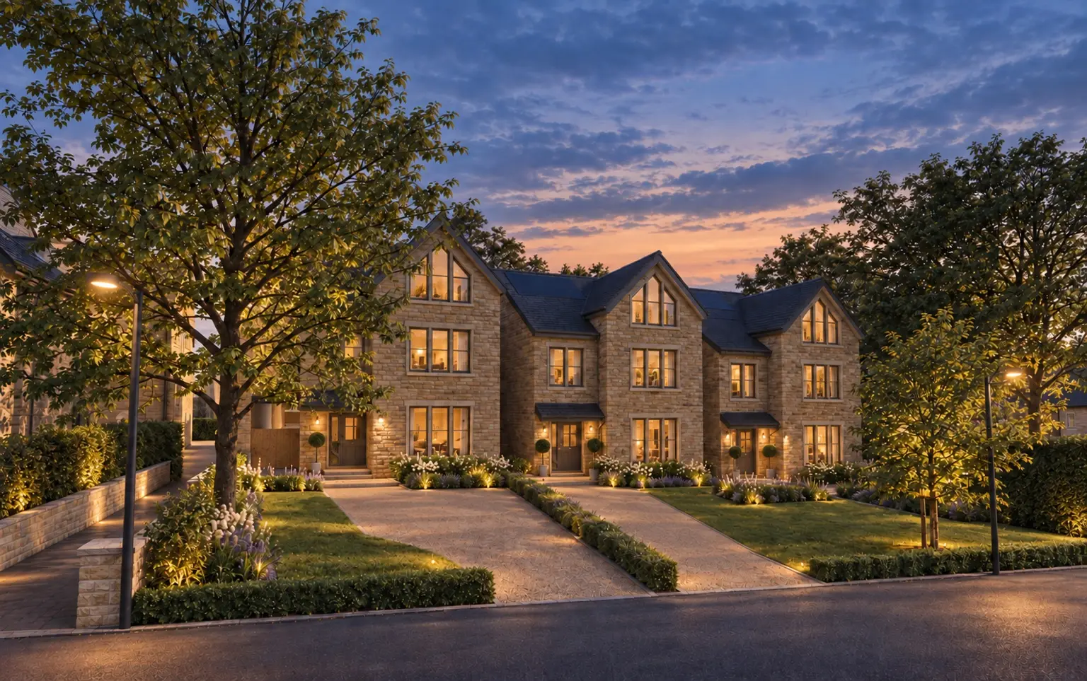 Architectural visual of three stone homes at Holcombe Rise at dusk