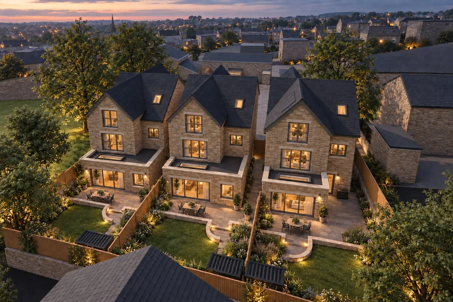 Wide aerial view across all three rear gardens