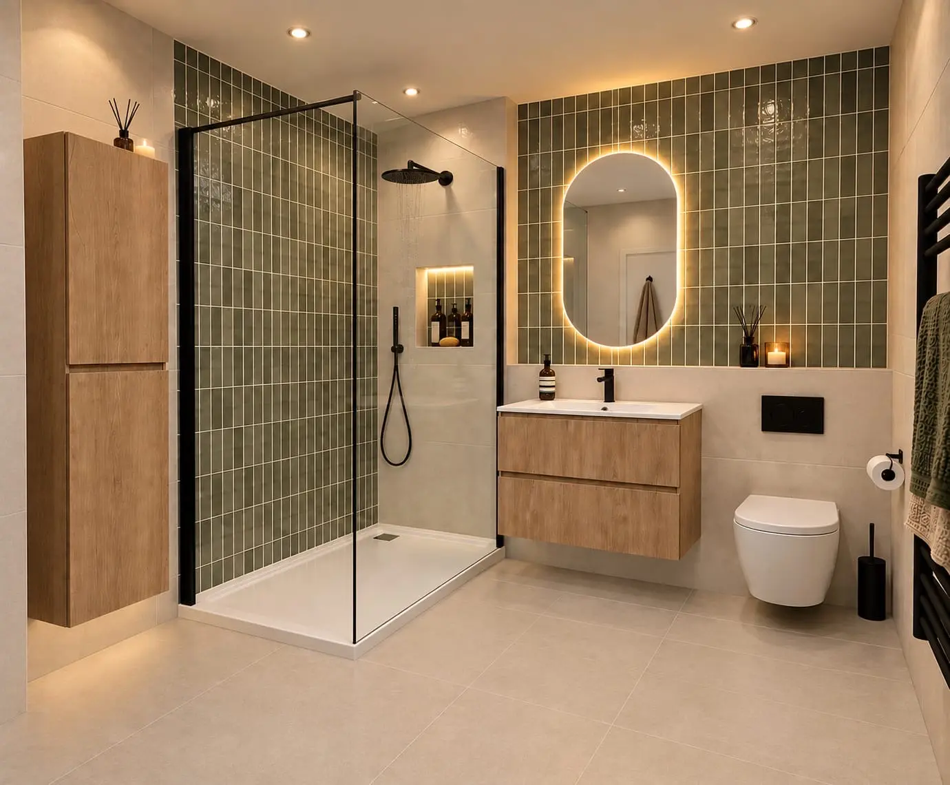 Sage green tiled shower room