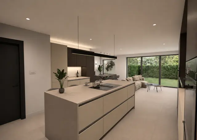Holcombe Rise kitchen design with stone island and garden outlook