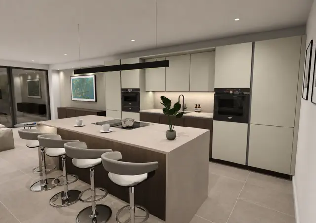 Kitchen design with large stone island and seating